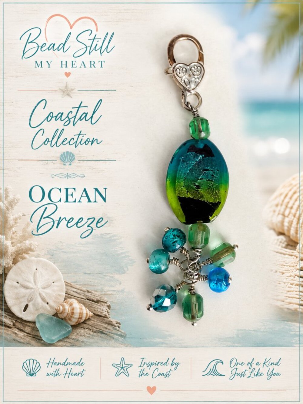 Ocean Breeze Handmade Glass Bead Bag Charm | Coastal Collection